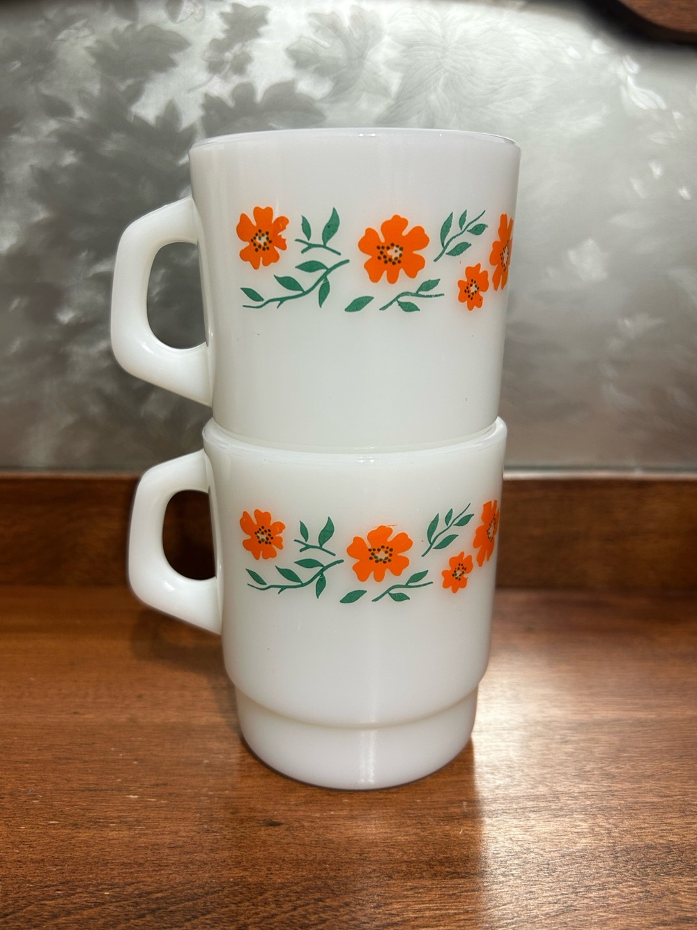 Vintage Termocrisa Floral Milk Glass - Mugs - set of 2 - Orange Flowers - HTF